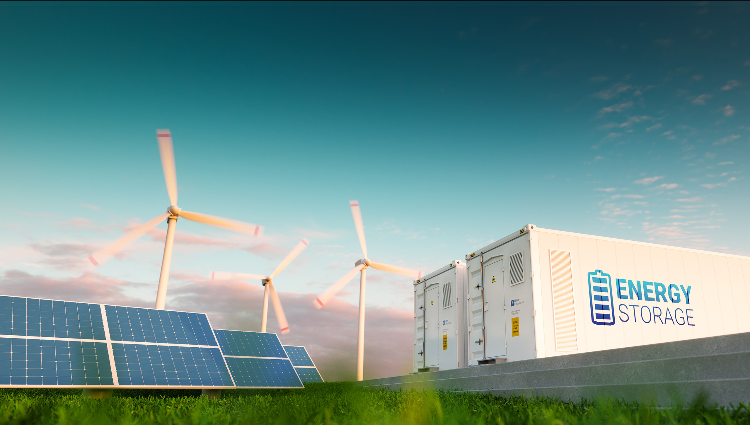 Renewable energy components: solar power panels, wind power turbines and energy storage batteries