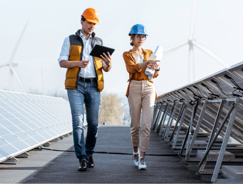 contractors walking among solar panels