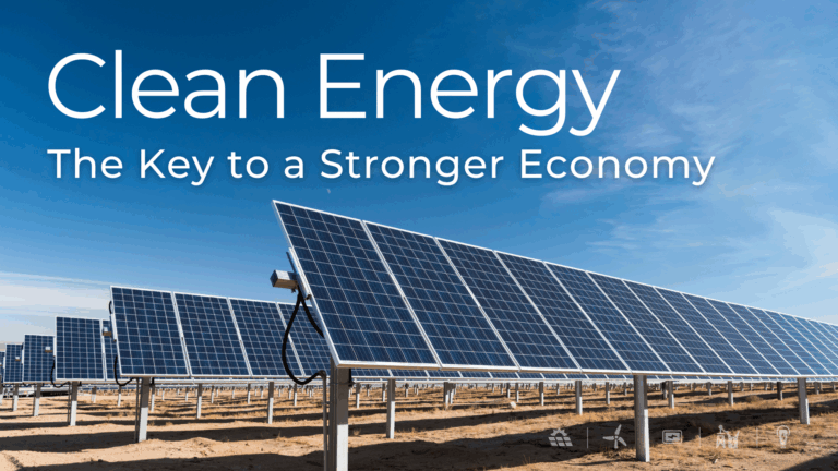wide-angle photo of a utility-scale solar panel array in a desert environment under a clear blue sky. Overlaid text reads “Clean Energy – The Key to a Stronger Economy,” emphasizing the connection between renewable energy and national economic growth.