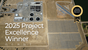 Aerial view of the City of Atwater’s wastewater treatment plant and adjacent solar array, showcasing the 3.5 MW RES-BCT solar project. Overlay text reads “2025 Project Excellence Winner,” with a gold badge labeled “Award Winning Project” highlighting the site’s recognition by the NECA NorCal Chapter.