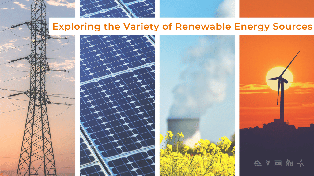 Four images represent different sustainable energy sources: hydro tower, solar panels, biomass, and wind turbine.